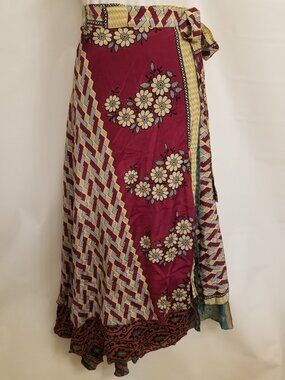 ✅Magic Wrap Silk Sari Skirt 37" Reversible Maxi Boho One Size Fits Most NWOT OS